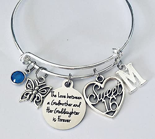 Sweet 16 Goddaughter Gift from Godmother, Personalized Charm Bracelet Birthstone Initial, Silver Expandable Bangle 16th Birthday