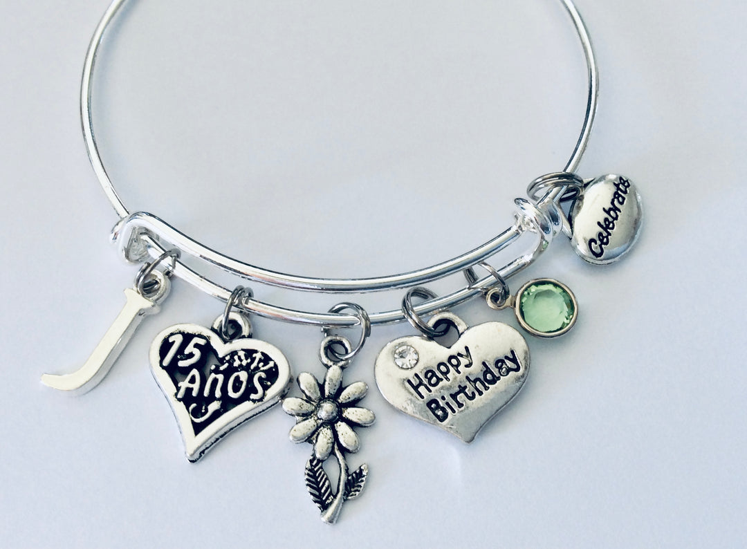 Quinceañera Bracelet – Personalized 15 Años Silver Charm Bangle with Birthstone &amp; Initial