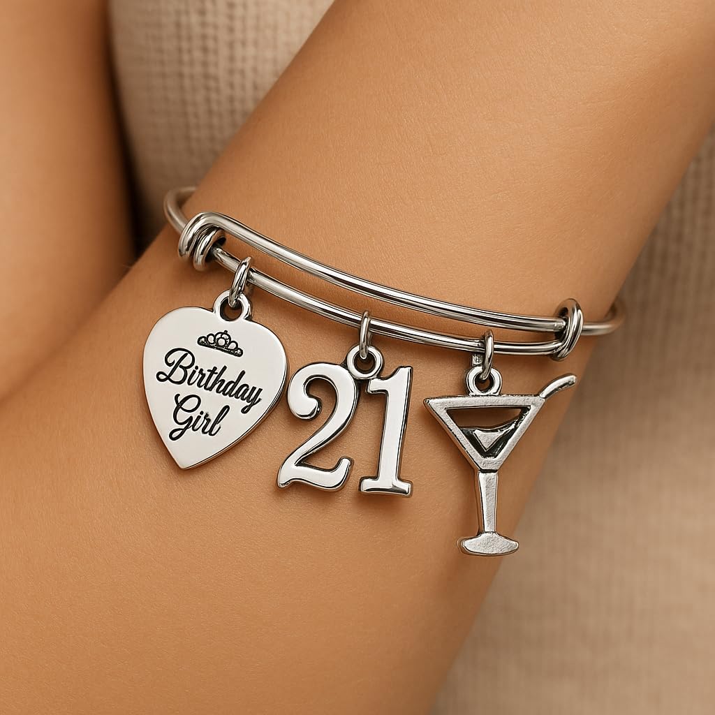 21st Birthday Bracelet – Birthday Girl, Number 21 &amp; Martini Glass Silver Charm Bangle Gift for Her