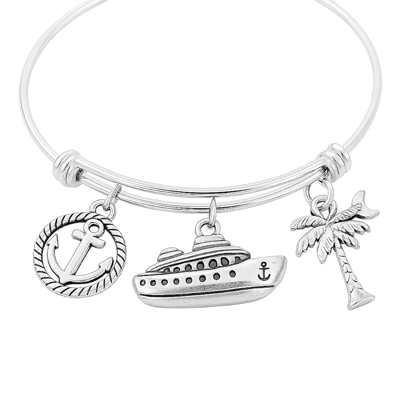 Cruise Charm Bracelet | Adjustable Silver Bangle with Travel Charms