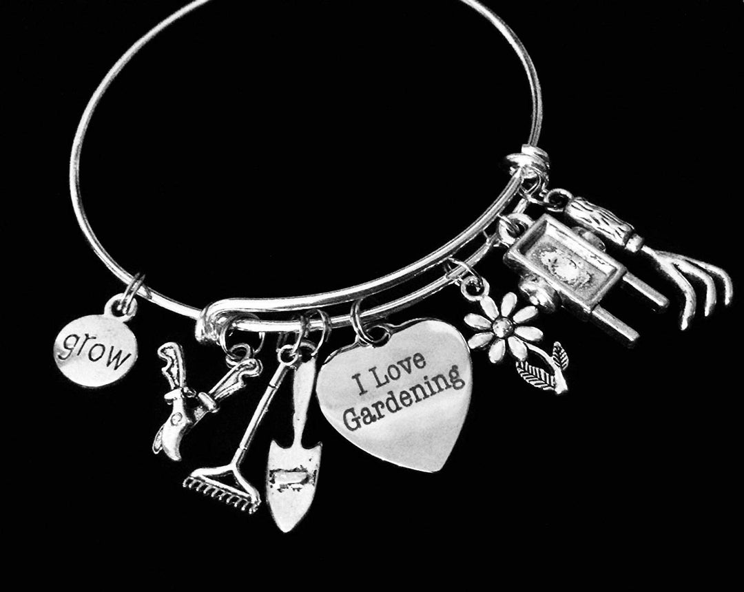 I Love Gardening Charm Bracelet | 7 Garden Charms | Wheelbarrow, Rake, Trowel &amp; Grow Silver Bangle