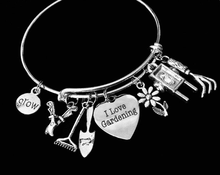 I Love Gardening Charm Bracelet | 7 Garden Charms | Wheelbarrow, Rake, Trowel &amp; Grow Silver Bangle