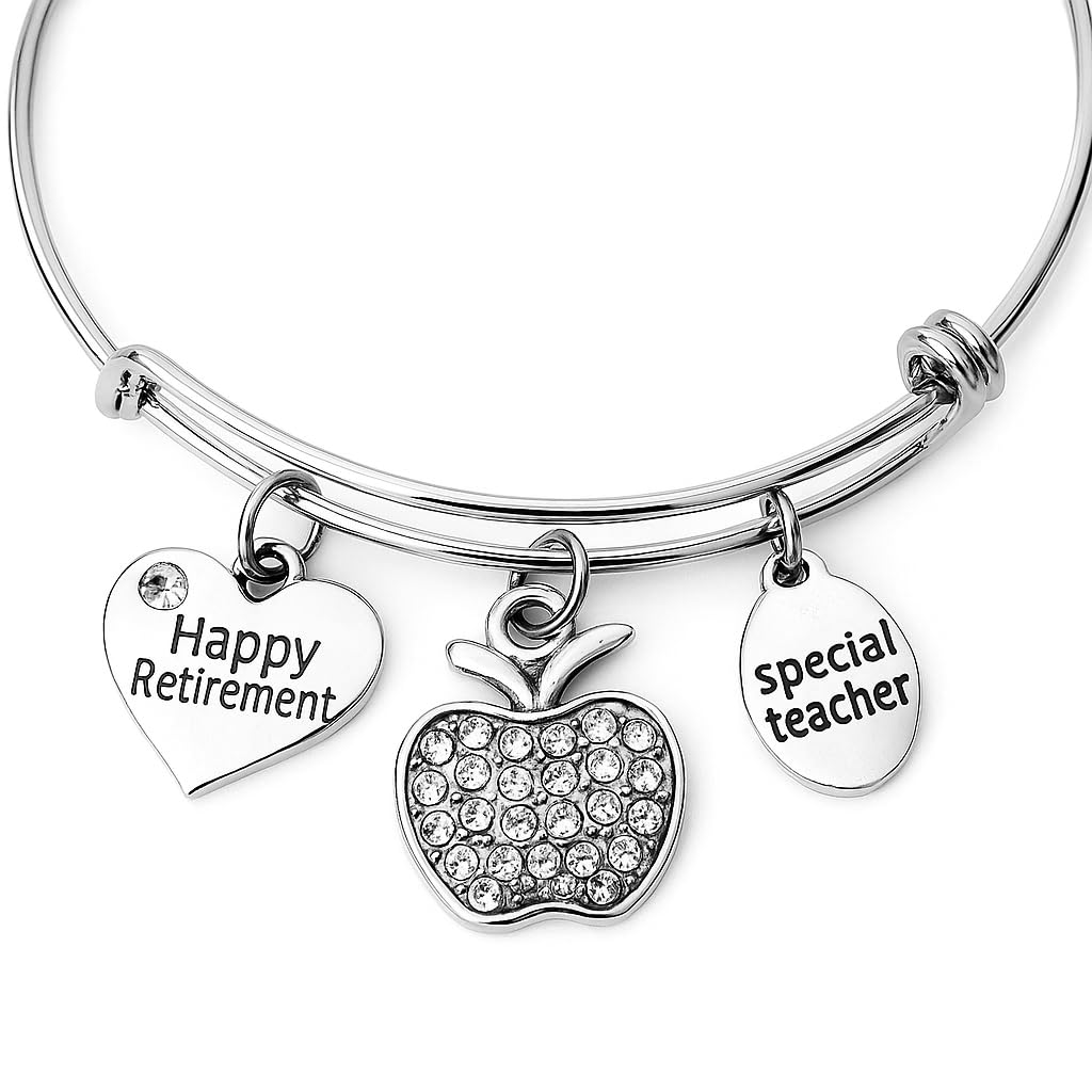 Silver expandable bangle bracelet with three charms — rhinestone apple, heart engraved "Happy Retirement," and oval "Special Teacher" charm — displayed on a white background, teacher retirement gift