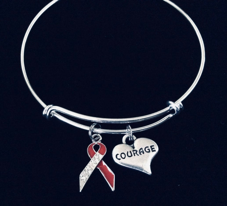 Courage Charm Bracelet Red Awareness Ribbon Survivor Gift - Expandable Silver Bangle Heart Stroke Blood Clot Support Jewelry