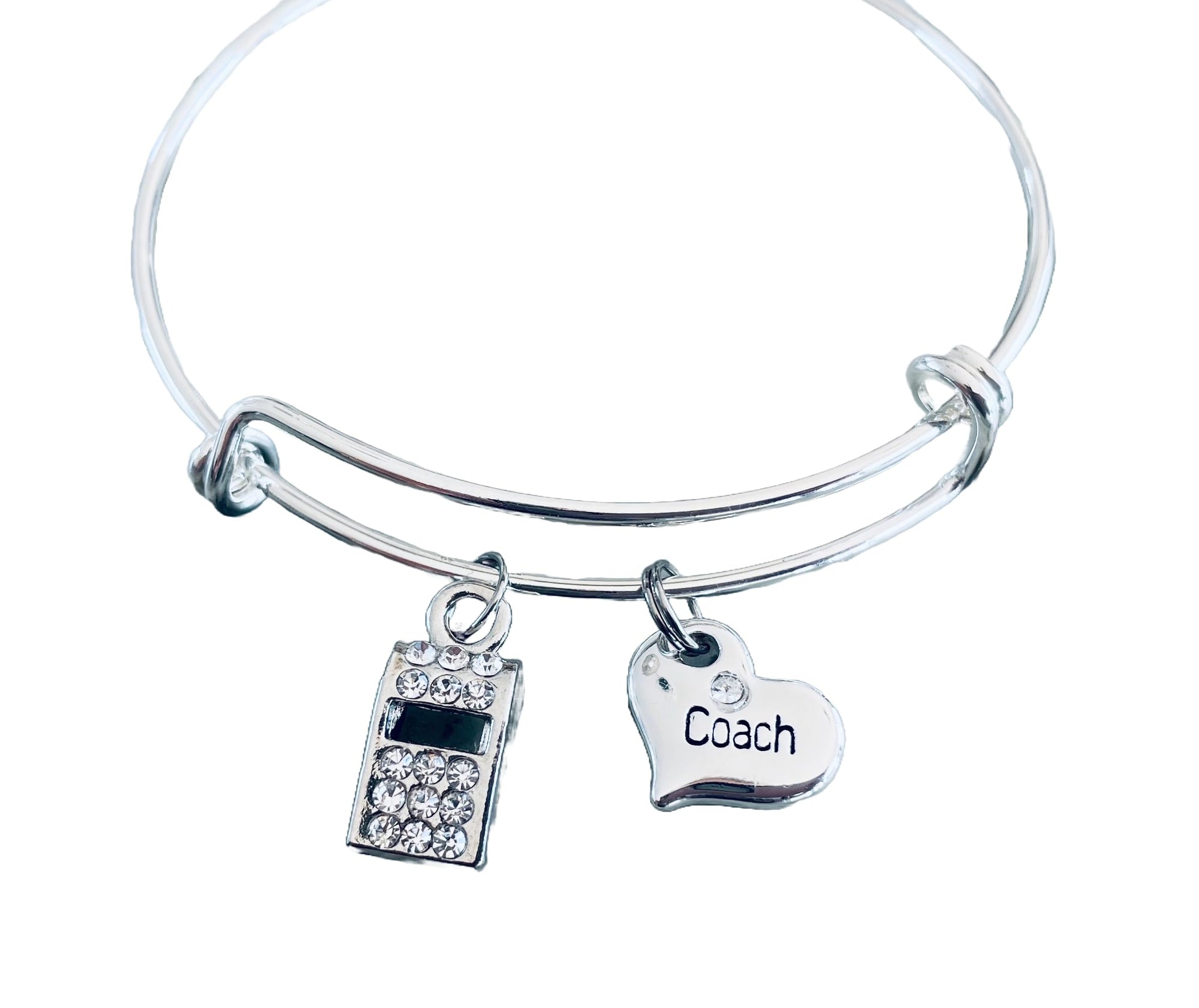 Coach Charm Bracelet - Silver Expandable Bangle with Heart & Whistle Charms