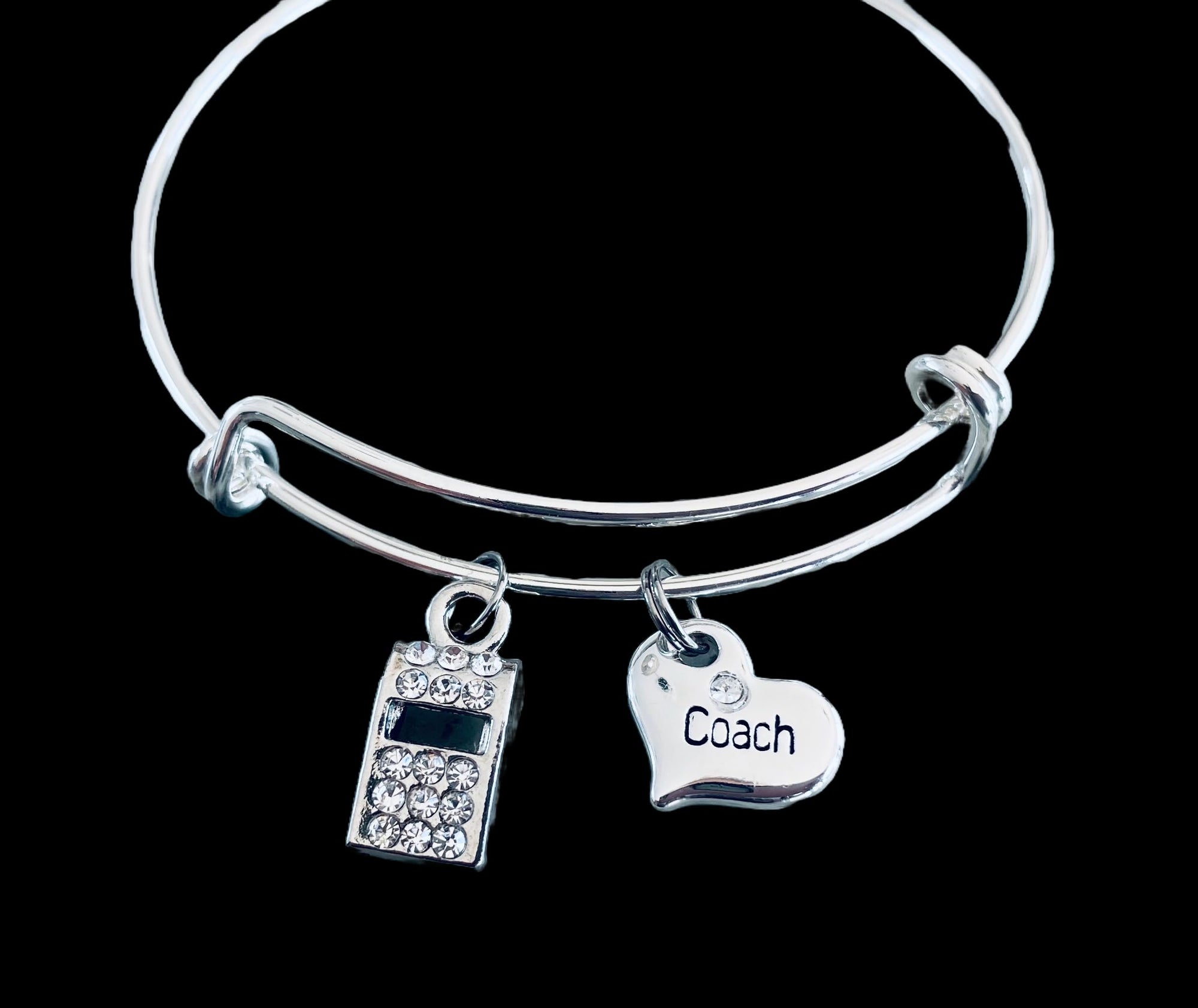 Coach Charm Bracelet - Silver Expandable Bangle with Heart & Whistle Charms