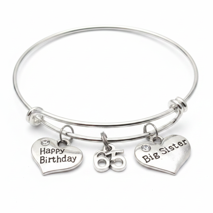 65th birthday Big Sister charm bangle bracelet with Happy Birthday heart, number 65, and Big Sister heart charms 