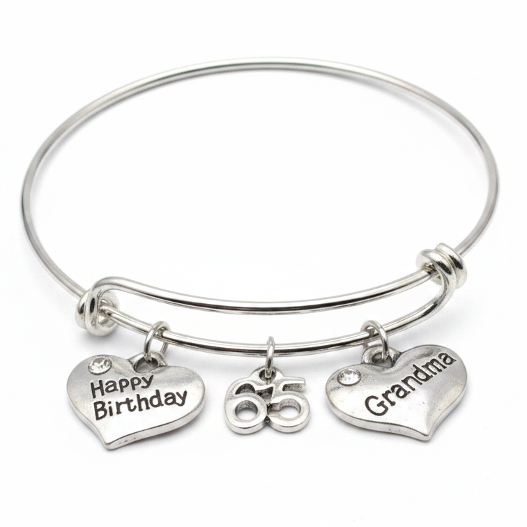 65th birthday Grandma charm bangle bracelet with Happy Birthday heart, number 65, and Grandma heart charms 