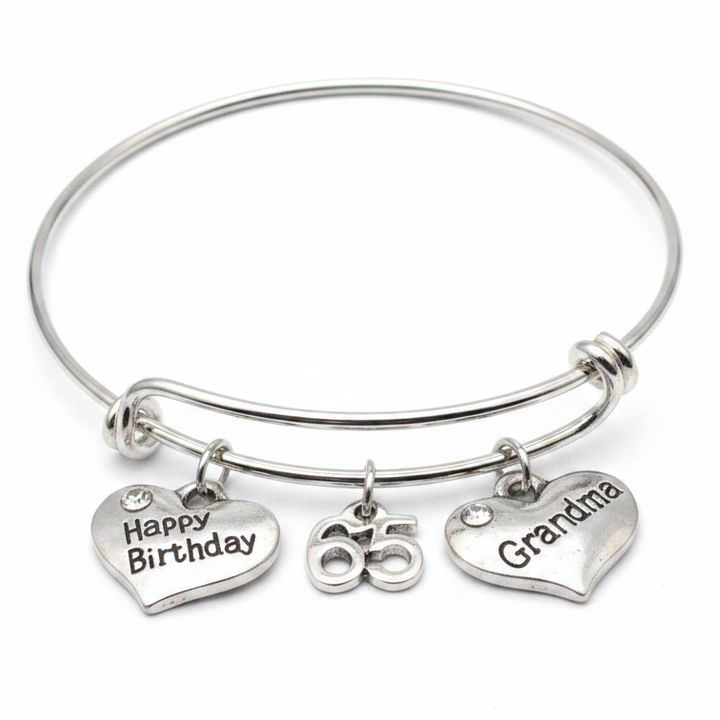 65th birthday Grandma charm bangle bracelet with Happy Birthday heart, number 65, and Grandma heart charms 