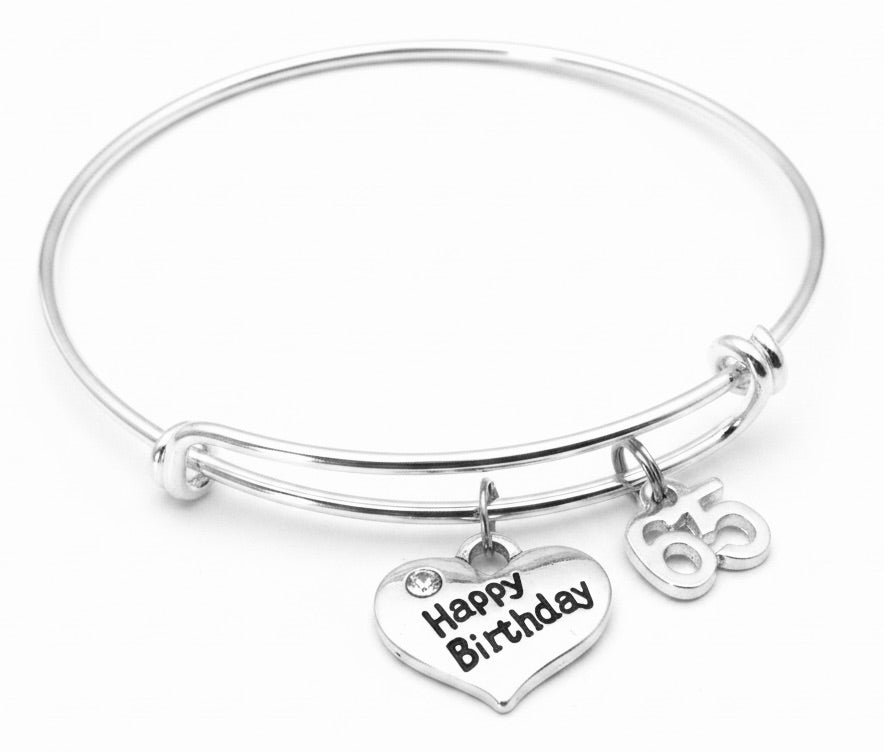 65th birthday charm bangle bracelet with Happy Birthday heart charm and number 65 charm 