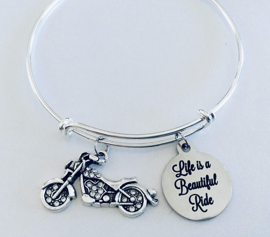 Life is a Beautiful Ride Motorcycle Charm Bracelet | Crystal Rhinestone Biker Jewelry | Adjustable Silver Bangle | Gift for Women Riders