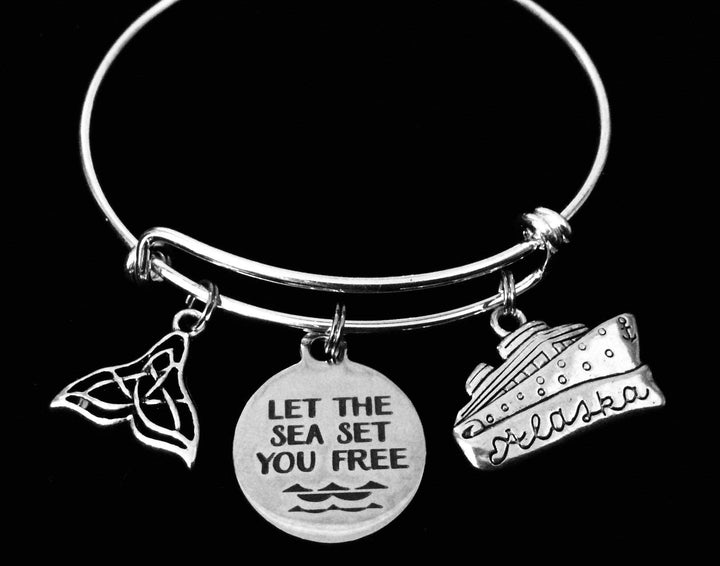 Alaska Cruise Bracelet | Let the Sea Set You Free | Whale Tail &amp; Cruise Ship Silver Bangle Gift
