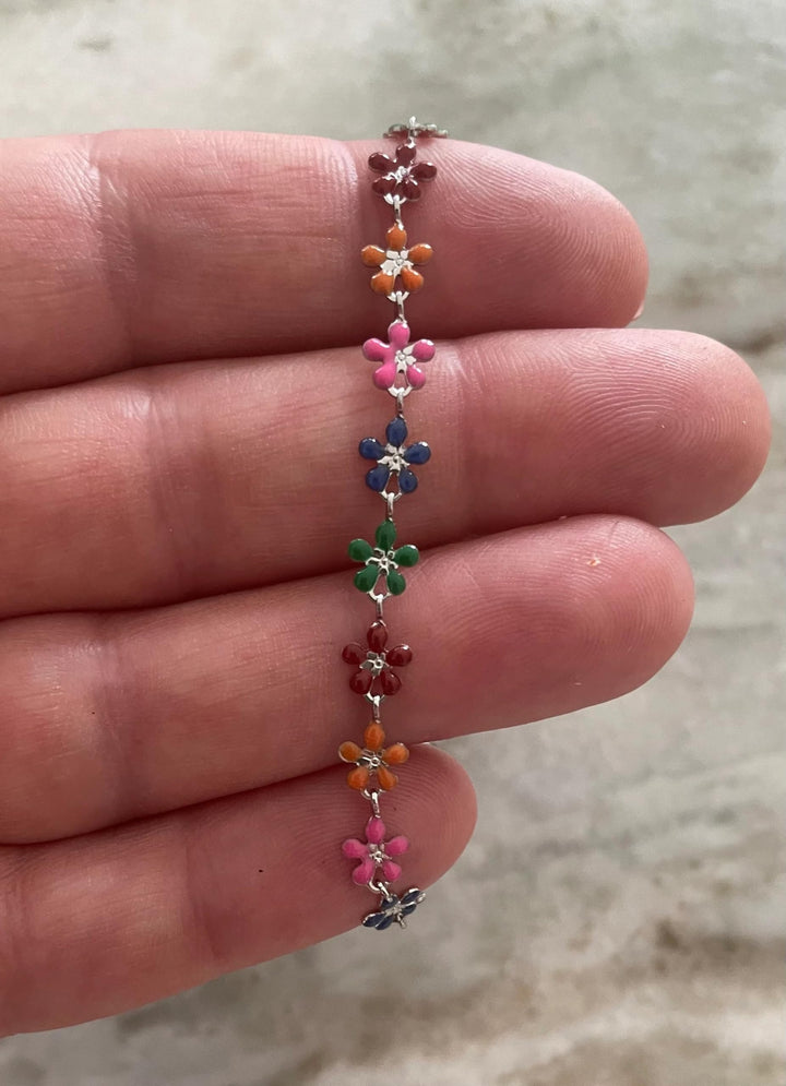 Multicolor Daisy Flower Chain Anklet | Rainbow Enamel Floral Ankle Bracelet