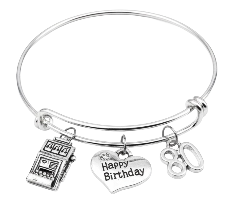 Slot Machine Happy 80th Birthday Gift for Women Expandable Charm Bracelets Adjustable Bangle One Size Fits All Gift