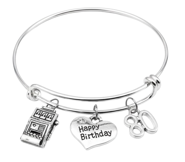 Slot Machine Happy 80th Birthday Gift for Women Expandable Charm Bracelets Adjustable Bangle One Size Fits All Gift
