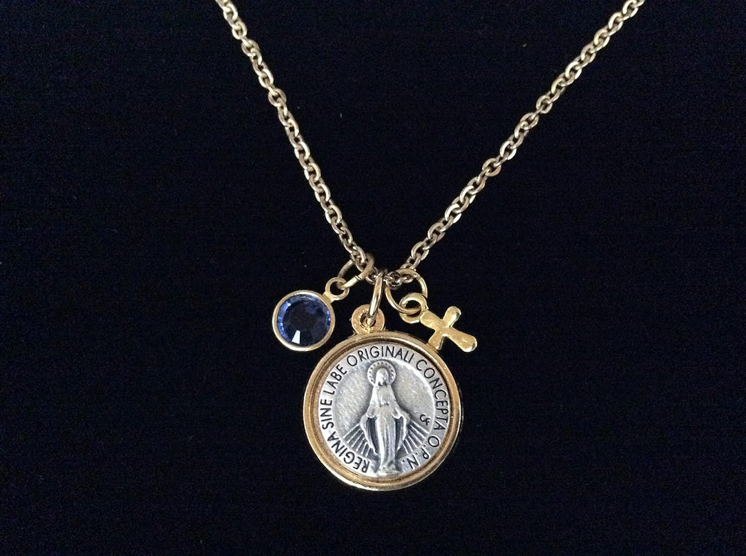 Miraculous Medal Necklace Two-Tone Silver Gold with Birthstone Crystal and Cross - Personalized Stainless Steel Chain Catholic Jewelry Gift