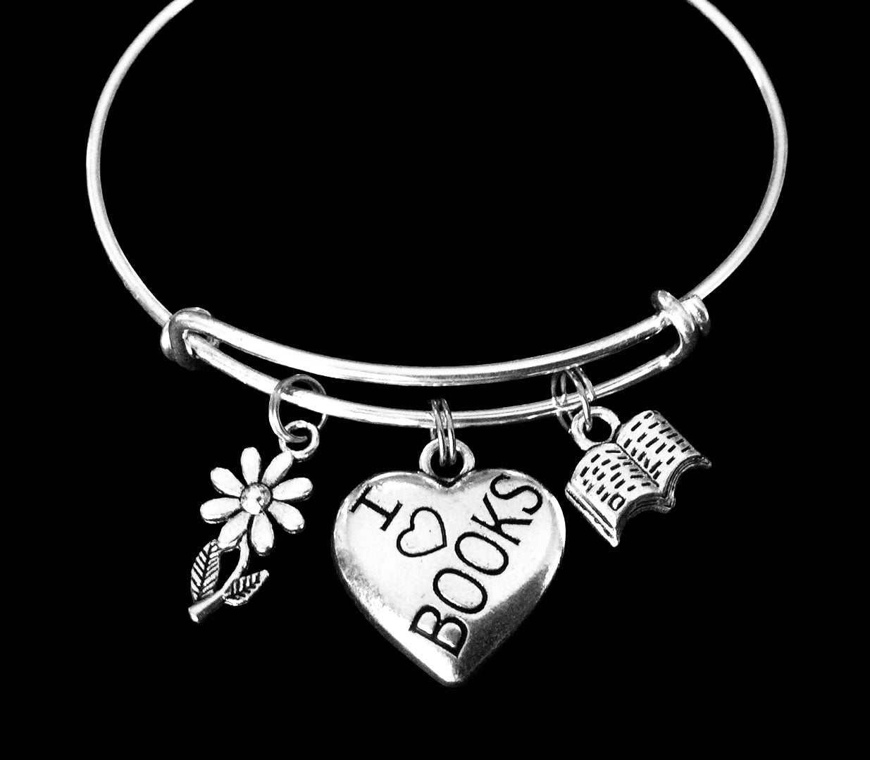 I Love Books Charm Bracelet – Silver Expandable Bangle with Heart, Daisy, and Open Book Charms – Handmade Gift for Book Lovers, Teachers & Librarians