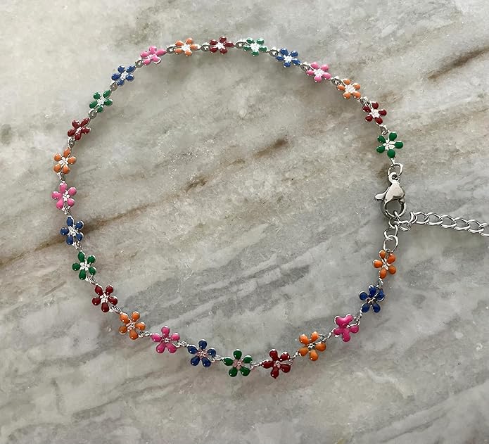 Multicolor Daisy Flower Chain Anklet | Rainbow Enamel Floral Ankle Bracelet