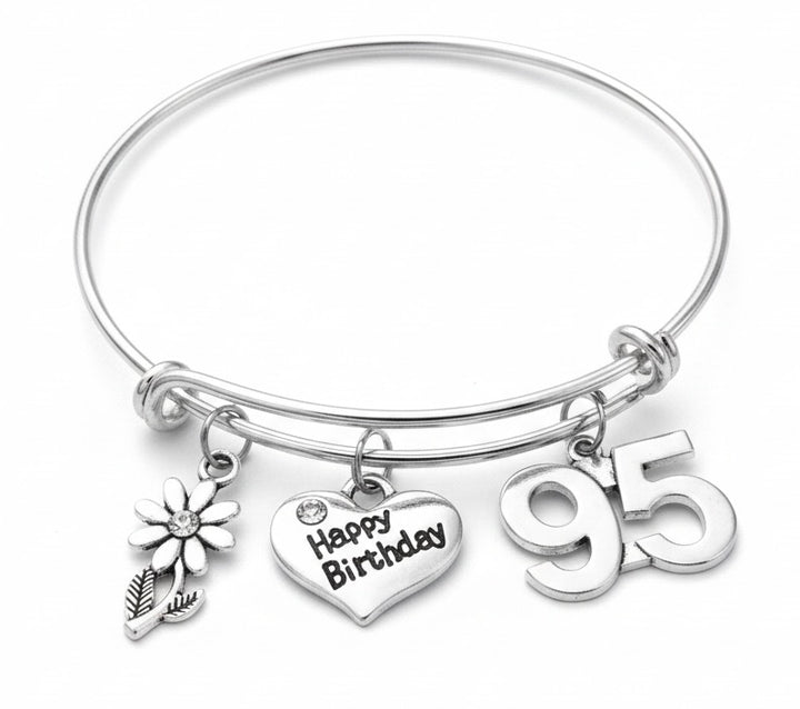 95th Birthday Bracelet – Silver Expandable Charm Bangle | Happy 95th Birthday Gift for Her