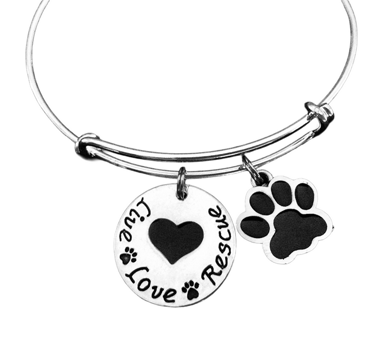 Live Love Rescue Paw Print Bracelet – Adjustable Silver Bangle for Pet Lovers