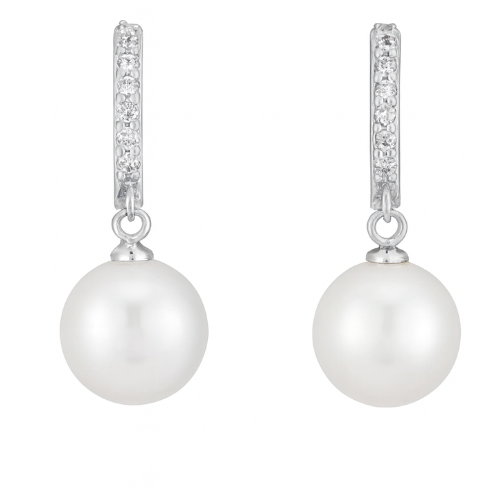 Freshwater Pearl Drop Earrings – 9mm White Pearl with CZ Accents on 925 Sterling Silver, 1 Inch Dangle