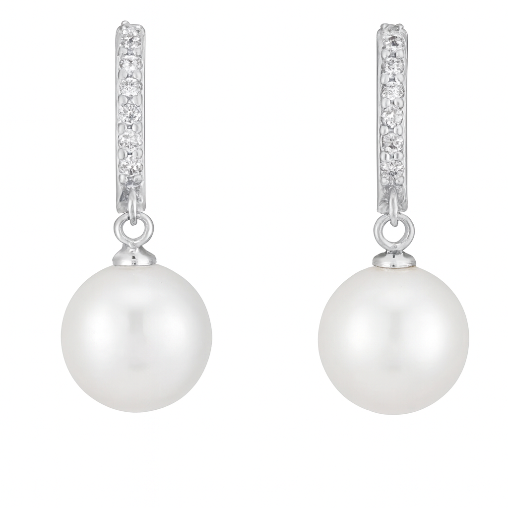 Freshwater Pearl Drop Earrings – 9mm White Pearl with CZ Accents on 925 Sterling Silver, 1 Inch Dangle