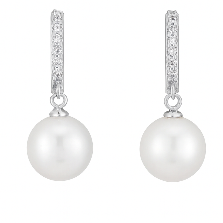 Freshwater Pearl Drop Earrings – 9mm White Pearl with CZ Accents on 925 Sterling Silver, 1 Inch Dangle