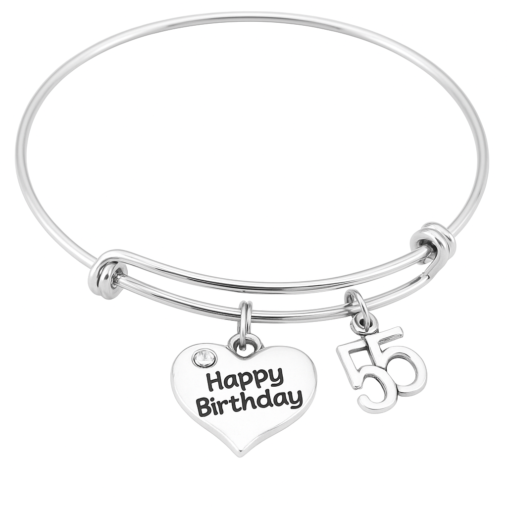 Happy 55th Birthday Expandable Charm Bracelet Silver Adjustable Bangle