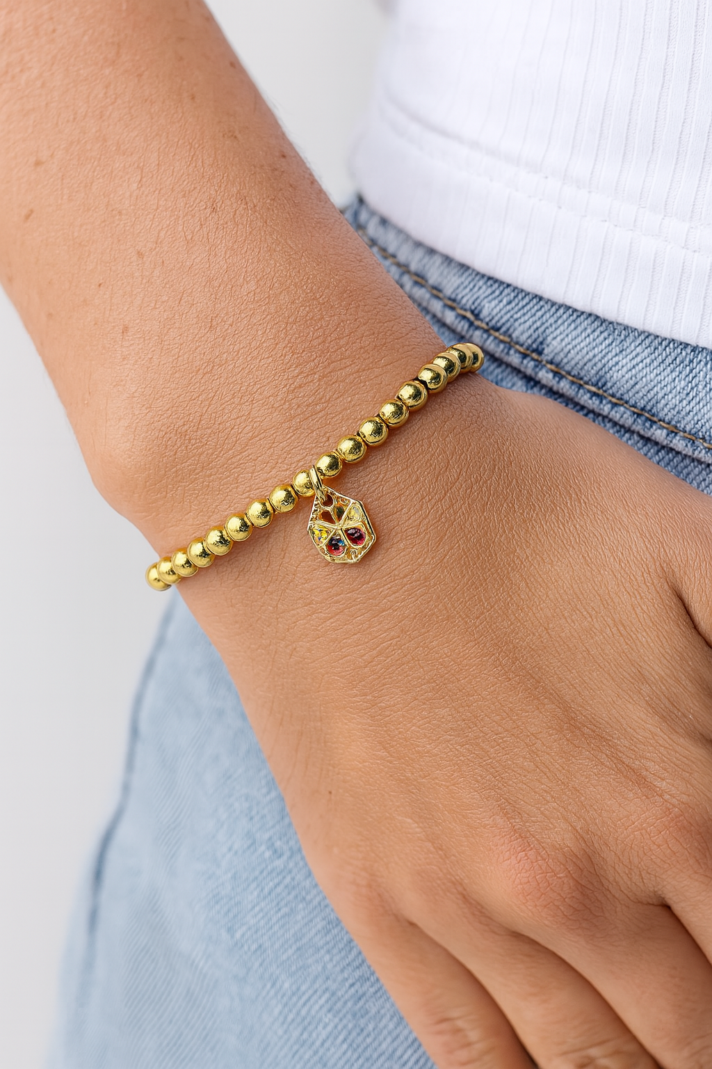 Gold Bead Bracelet with Gold-Filled Butterfly Charm – Stretch Stacking Bracelet for Women