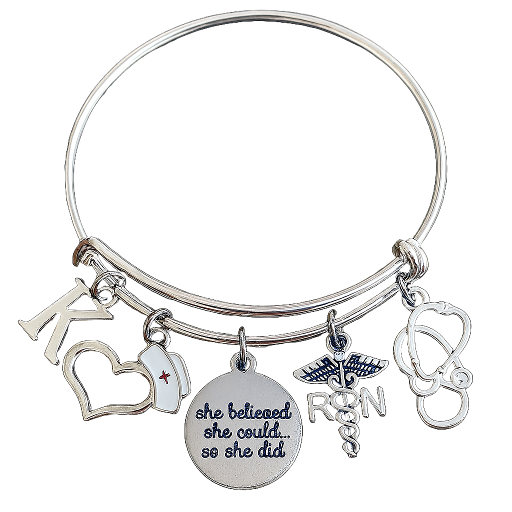 RN nurse charm bracelet with stethoscope, heart, nurse cap, engraved quote, and personalized initial bracelet