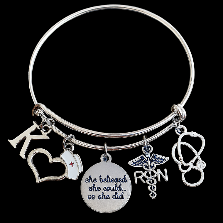 Silver RN nurse charm bracelet with stethoscope, heart, nurse cap, engraved quote, and personalized initial on expandable bangle – gift for registered nurse