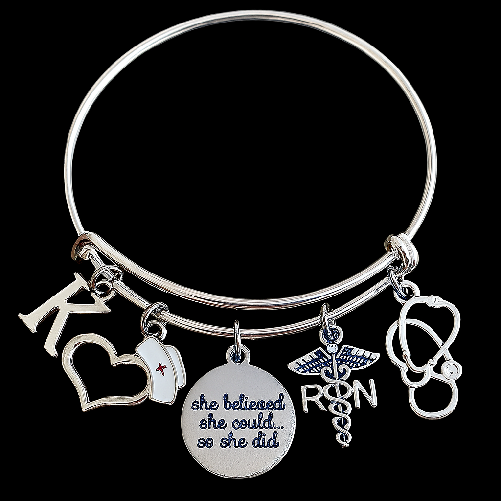 Silver RN nurse charm bracelet with stethoscope, heart, nurse cap, engraved quote, and personalized initial on expandable bangle – gift for registered nurse