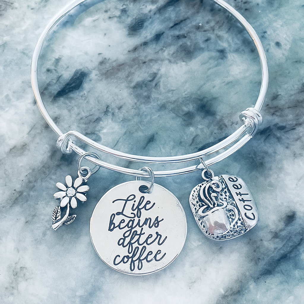 Life Begins After Coffee Silver Plated Charm Bracelet – Adjustable Coffee Lover Gift