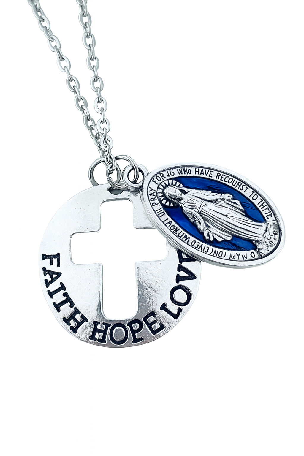 Faith Hope Love Cross and Miraculous Mary Necklace