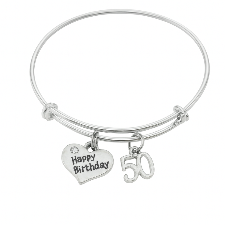 50th Birthday Bracelet – Silver Expandable Bangle