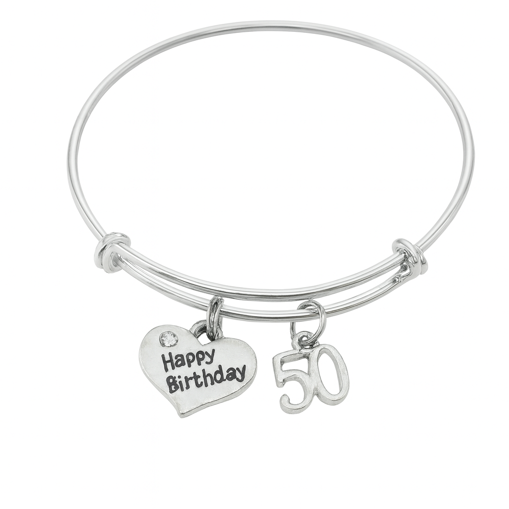 50th Birthday Bracelet – Silver Expandable Bangle