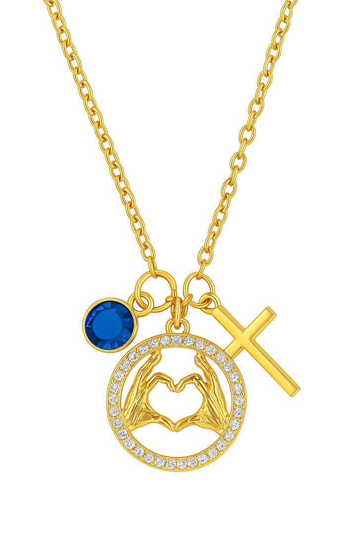 Gold Heart Hands Necklace with Cross &amp; Birthstone Religious Jewelry Gift