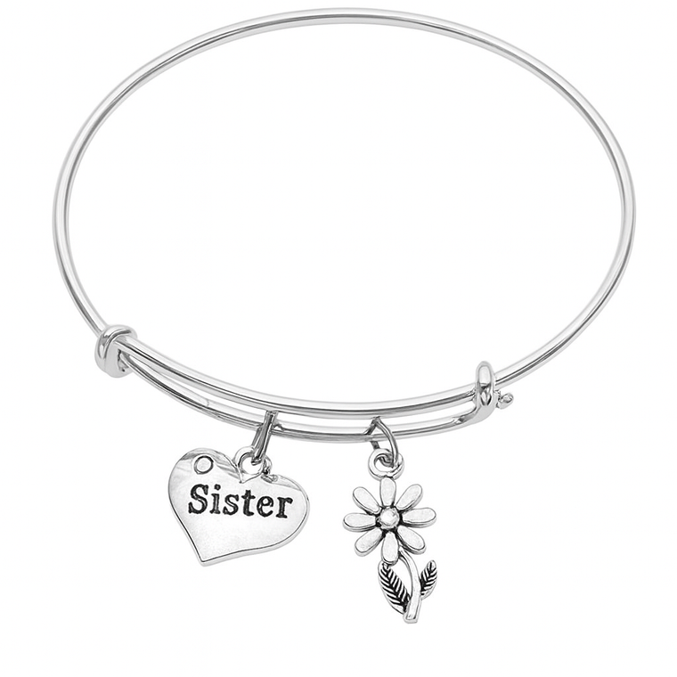 Sister Bangle Bracelet – Adjustable Silver Bracelet with Heart & Daisy Charms | Meaningful Sister Gift