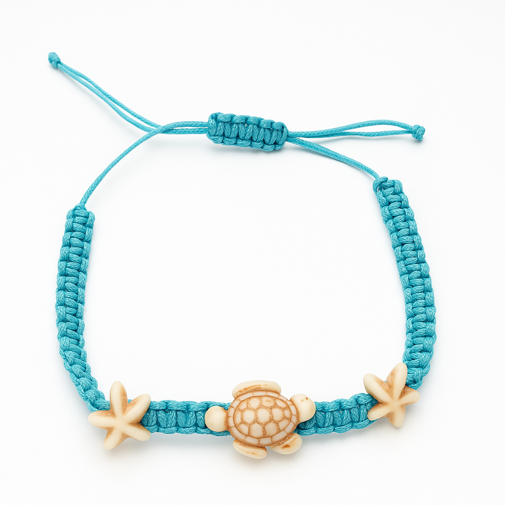 Turquoise Turtle and Starfish Anklet – Adjustable Braided Cord Beach Jewelry, Ocean-Inspired Anklet for Women & Teens (Fits up to 11 Inches)