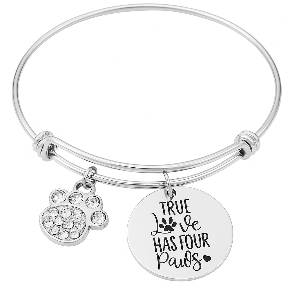 True Love Has Four Paws Charm Bracelet – Adjustable Silver Expandable Bangle with Crystal Paw Print – Handmade Pet Lover Jewelry Gift