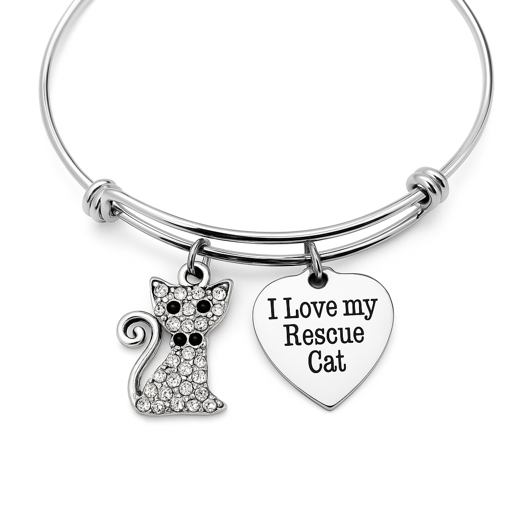 Crystal Kitten Rescue Cat Bracelet – Adjustable Silver Bangle – Cat Mom Jewelry Gift
