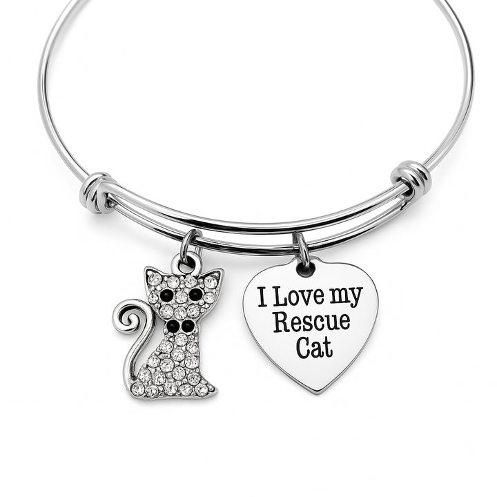Crystal Kitten Rescue Cat Bracelet – Adjustable Silver Bangle – Cat Mom Jewelry Gift