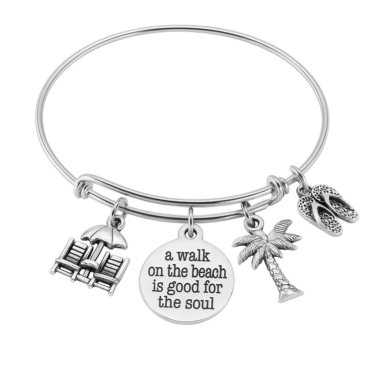 Silver bracelet with beach-themed charms on a white background