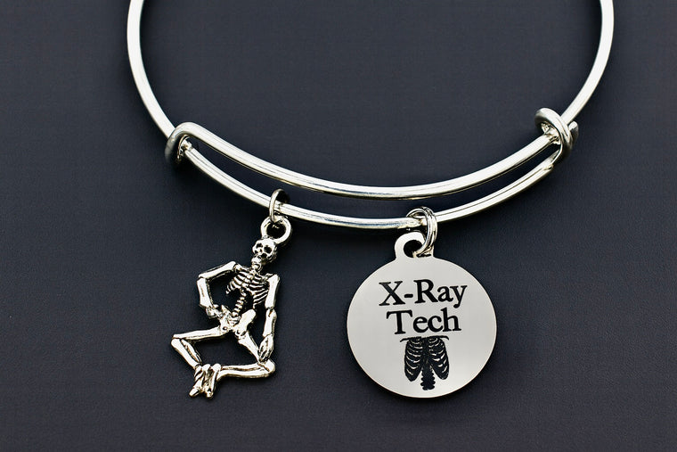 X-Ray Tech Jewelry – Skeleton Charm Bracelet | Adjustable Expandable Silver Bangle – One Size Fits All Medical Gift
