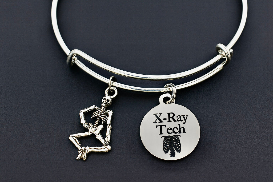 X-Ray Tech Jewelry – Skeleton Charm Bracelet | Adjustable Expandable Silver Bangle – One Size Fits All Medical Gift