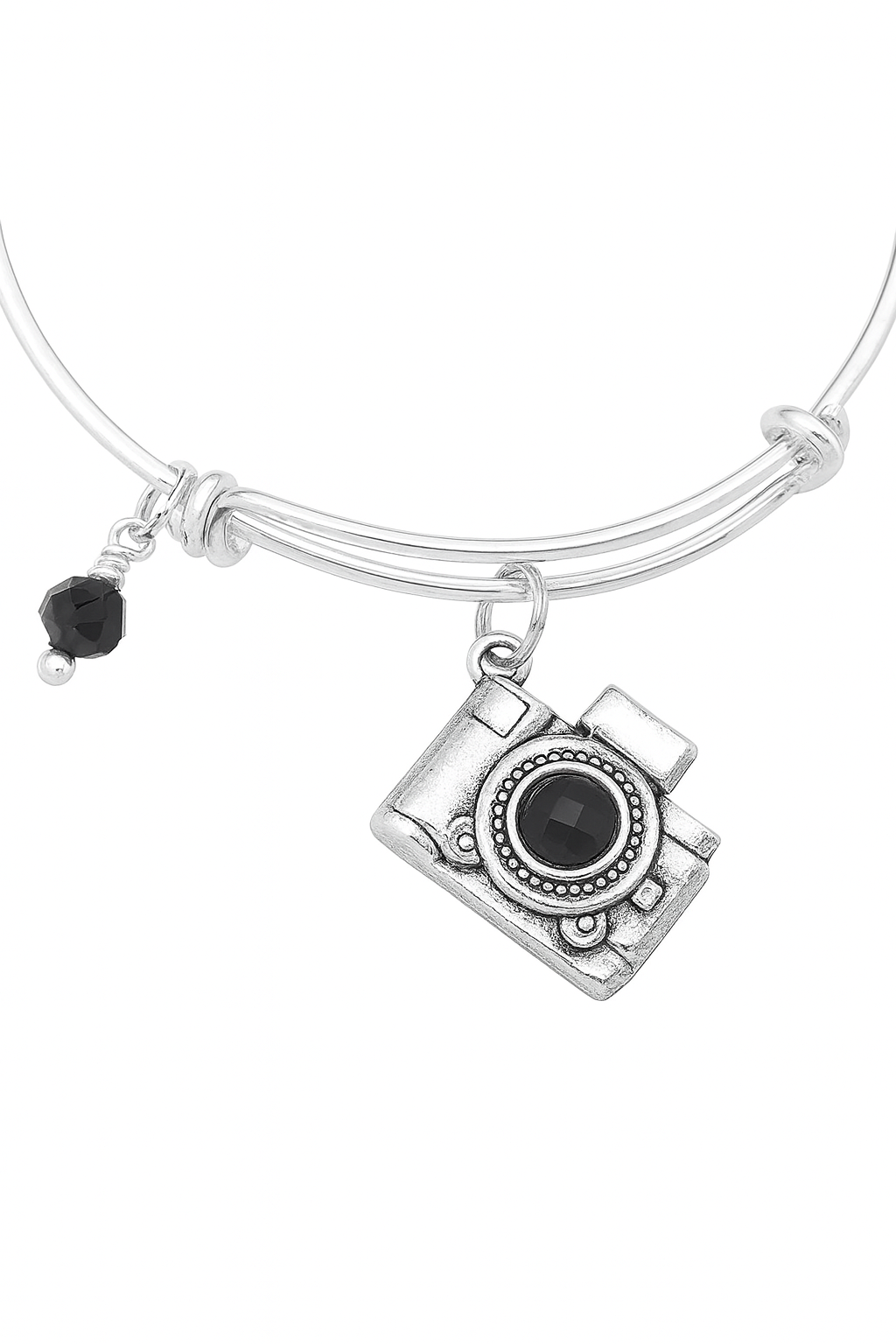 Camera Charm Bracelet – Silver Expandable Bangle with Black Crystal