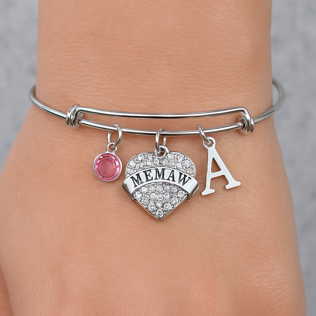 Memaw Silver Crystal Heart Charm Bangle Adjustable Expandable Meaningful Gift Grandmother Gift