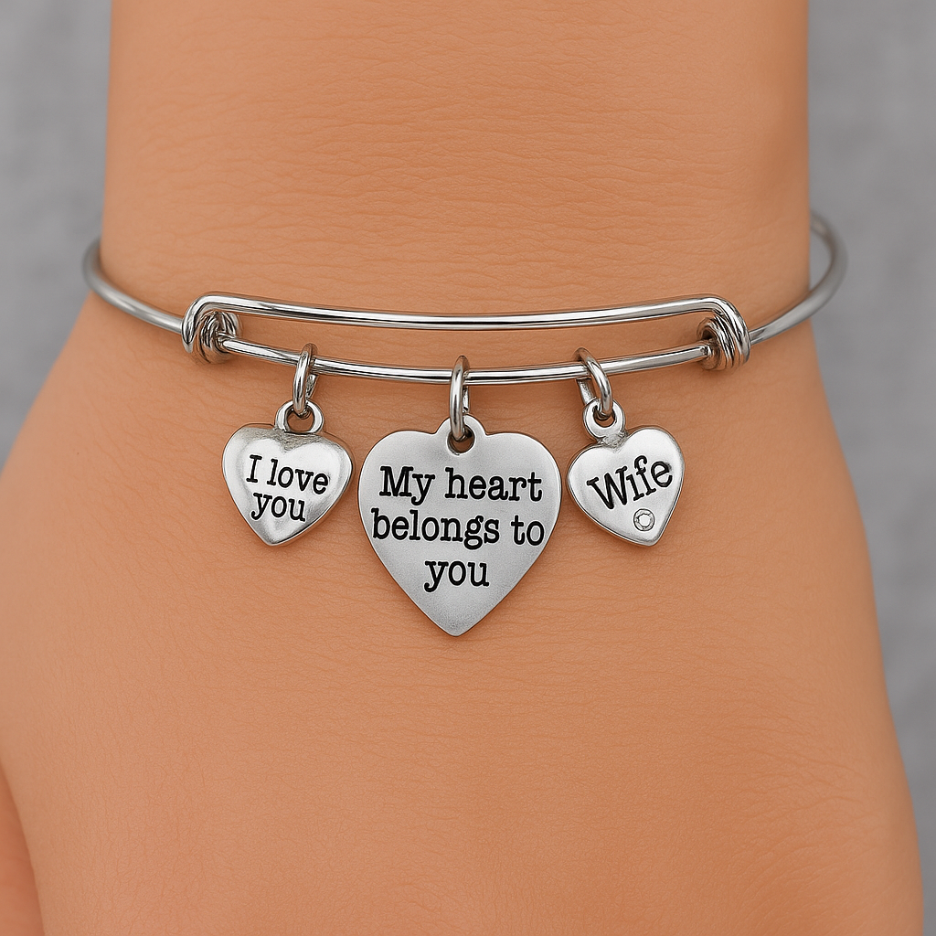 Silver expandable bracelet  "I love you", "My heart belongs to you", and "Wife
