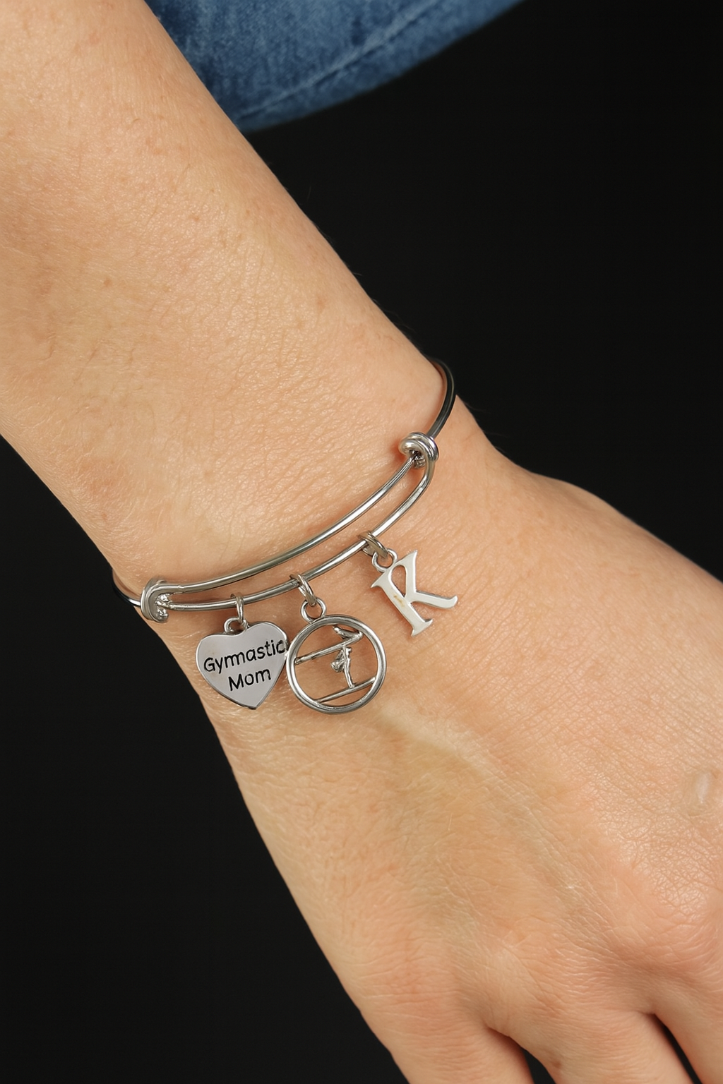 Gymnastics Mom Silver Expandable Charm Bracelet Sports Team Coach Gift Adjustable Wire Bangle