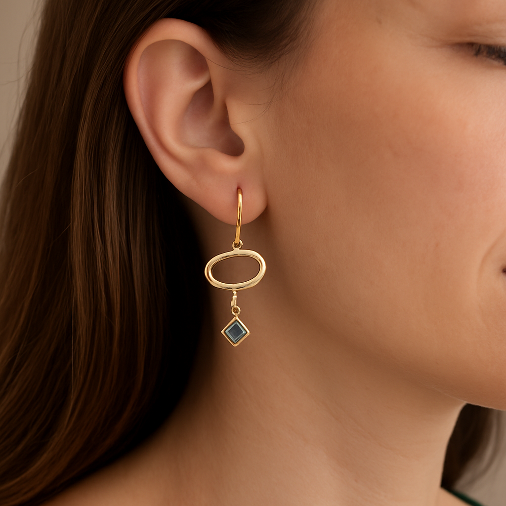 Gold Filled Dangle Earrings with Aqua Blue Crystal – Lightweight Modern Oval Drop Earrings